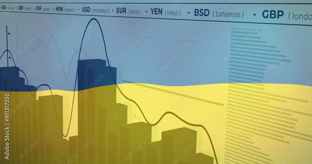 Fototapeta premium Currency exchange rates and financial data image over flag of ukraine