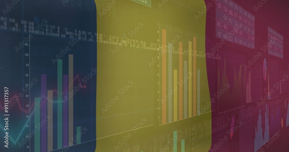 Naklejka premium Belgium flag and line charts image over financial data graphs