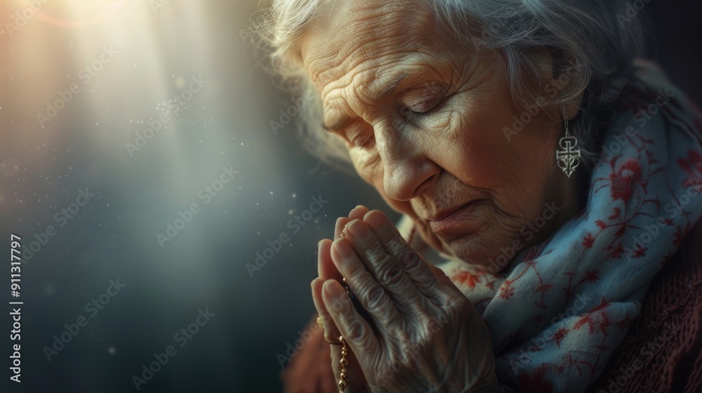 Old Raying Portrait of senior woman praying while holding Christian symbol of ...