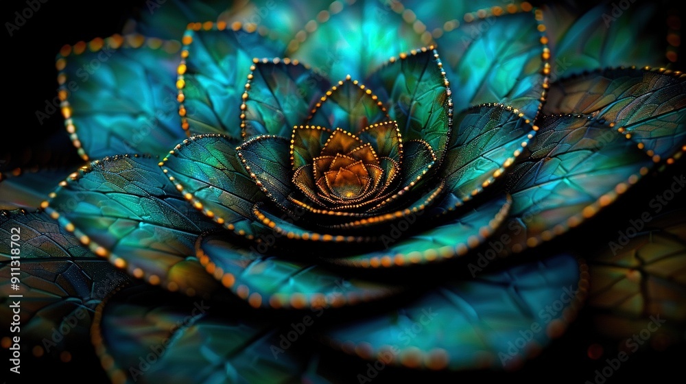 A detailed image of a vivid blue flower surrounded by lush green foliage within its petals A detailed image of a vivid blue flower surrounded by lush green foliage within its petals