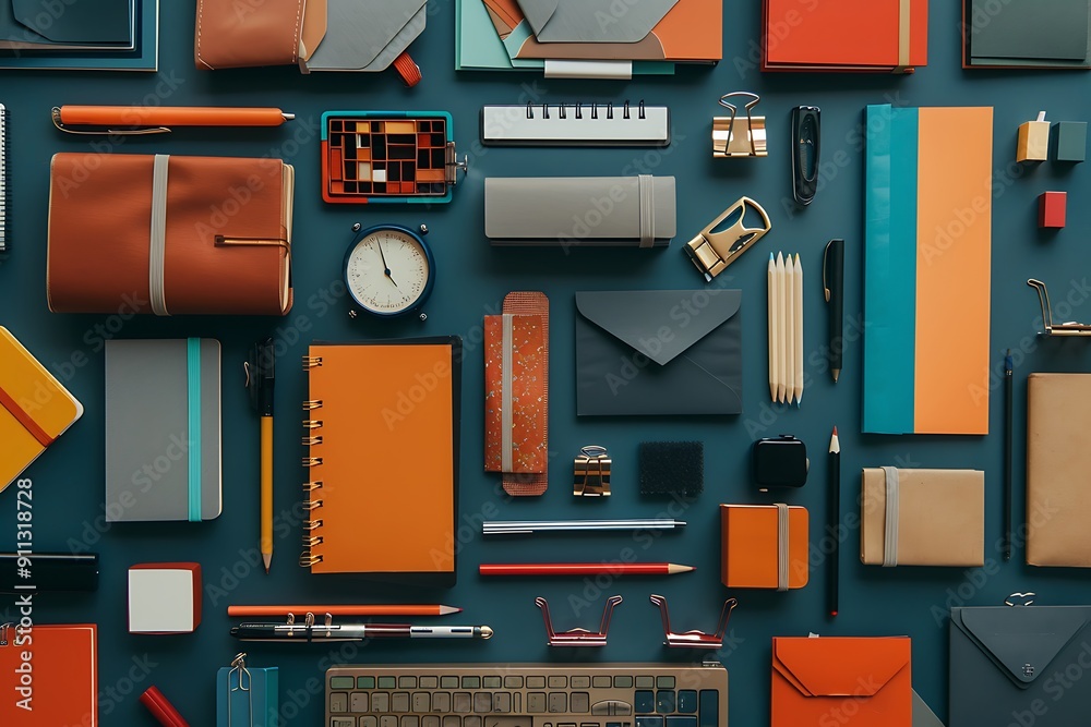 Flat lay of office supplies on a teal background. Flat lay of office supplies on a teal background.