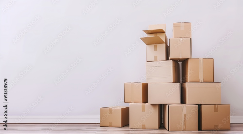 Obraz premium Stack of Cardboard Boxes in a Room with White Walls and Wood Flooring