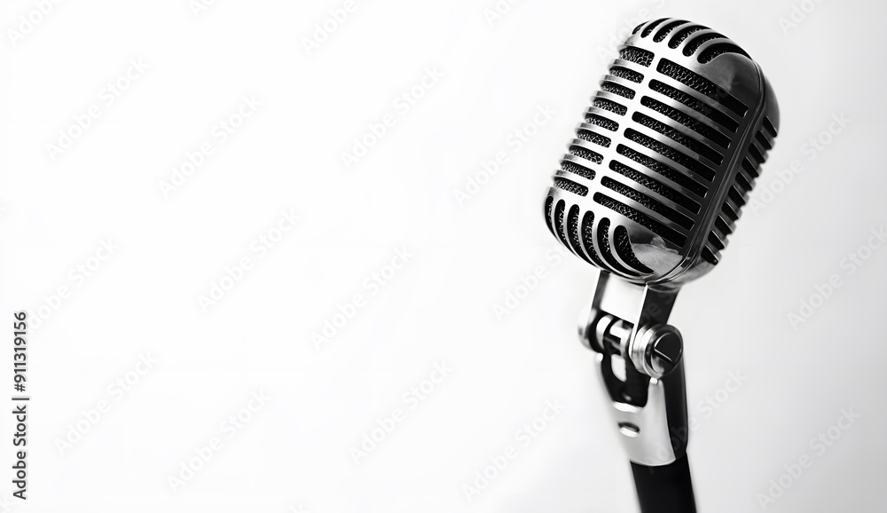 Fototapeta premium Vintage microphone on a white background with space for copy text or design, a vintage mic isolated on a white background.