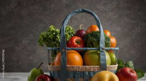  groceries include fruits and veggies in reusable shopping bags.