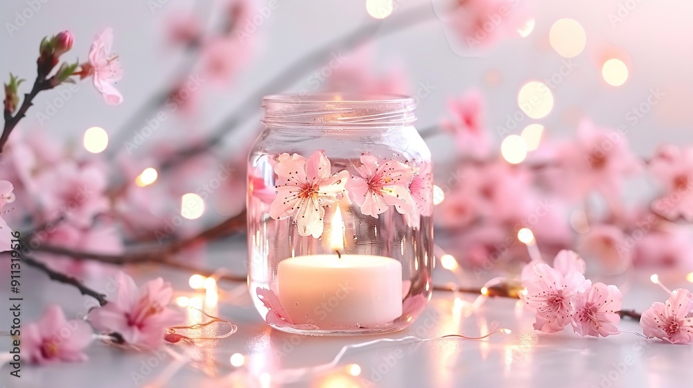 A glass jar containing a lit candle adjacent to a bouquet of pink flowers and a cherry blossom branch A glass jar containing a lit candle adjacent to a bouquet of pink flowers and a cherry blossom branch