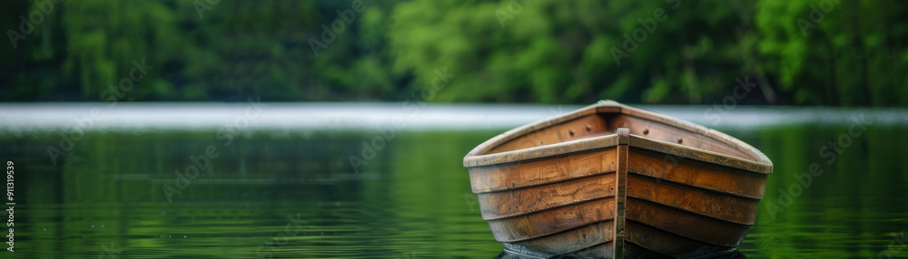Serene wooden boat drifting on calm lake water with lush green trees in the background, capturing peaceful nature and tranquility. Serene wooden boat drifting on calm lake water with lush green trees in the background, capturing peaceful nature and tranquility.