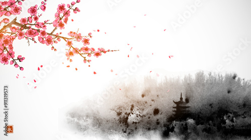 Ink wash painting with misty forest hill, pagoda temple and sakura blossom. Traditional oriental ink painting sumi-e, u-sin, go-hua. Translation of hieroglyph - eternity