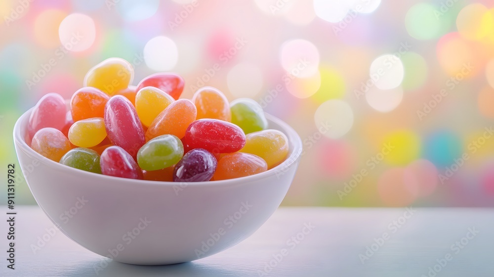 Colorful Easter jelly beans in a white bowl on a table, against a pastel bokeh background. A realistic photography stock photo in high resolution of an arrangement of jelly beans 