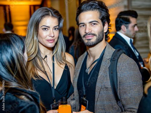 A man and a woman are posing for a picture. The man is wearing a plaid jacket and the woman is wearing a black dress. They are both holding drinks photo