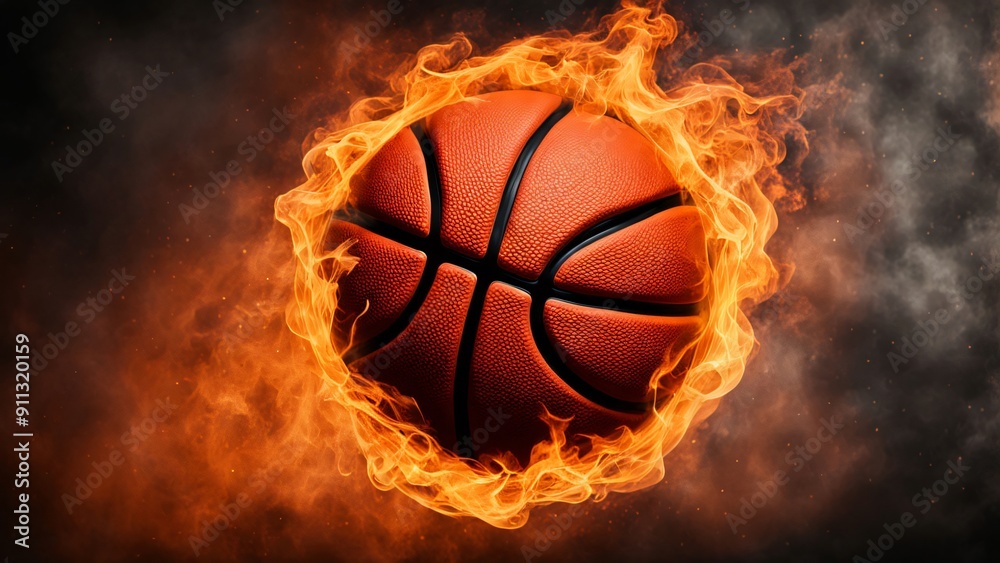 Fototapeta premium A basketball consumed by fire, set against a dark backdrop, symbolizing intense energy