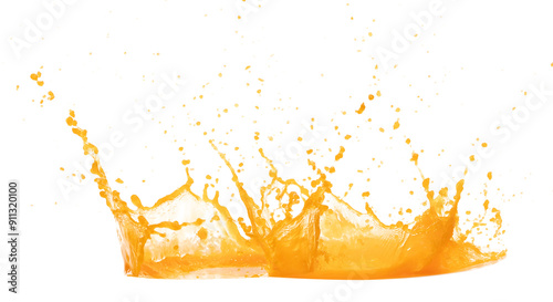 Orange Mango Juice pouring and splash as crown water. Orange Mango Juice explode bubble splash in mid air. Orange juice element water. White background isolated photography photo