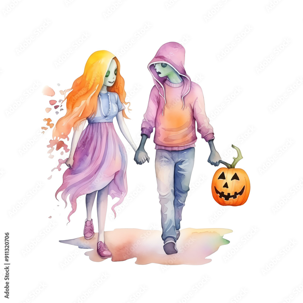 Halloween illustration of a couple with pumpkin lantern, girl in dress, boy in hoodie, hand in hand, digital art. Halloween illustration of a couple with pumpkin lantern, girl in dress, boy in hoodie, hand in hand, digital art.