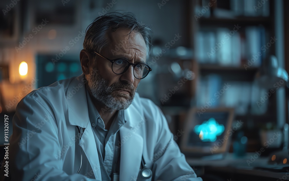 Cinematic image of a doctor in white coat, private office ambiance, tired but thoughtful expression, professional and introspective, dramatic lighting Cinematic image of a doctor in white coat, private office ambiance, tired but thoughtful expression, professional and introspective, dramatic lighting