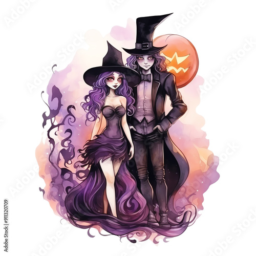 Artistic Halloween witch couple illustration with purple hues and full moon, emphasizing spooky and magical themes. photo