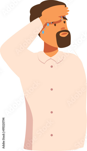 Businessman suffering from heat, holding his hand to his head, feeling unwell and stressed