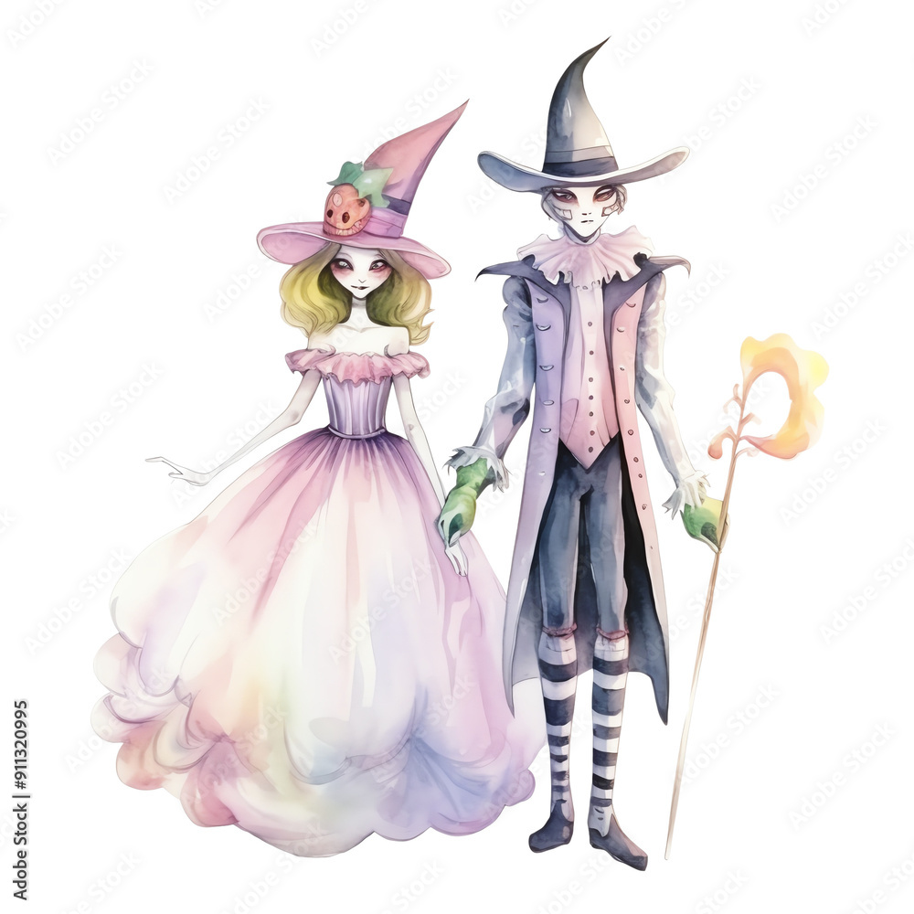 Fantasy illustration of a couple in mystical attire, the woman in a witch hat and dress, and the man holding a magical staff. Fantasy illustration of a couple in mystical attire, the woman in a witch hat and dress, and the man holding a magical staff.