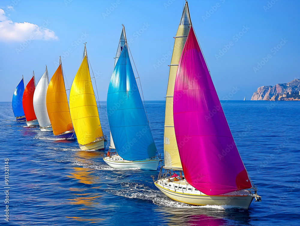 A row of colorful sailboats are sailing in the ocean. The sailboats are of different colors and sizes, and they are all moving in the same direction. The scene is peaceful and serene