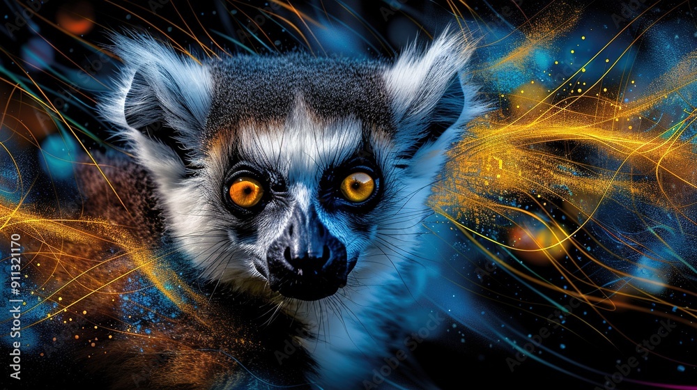  A monochromatic artwork featuring an animal with vibrant orange eyes and a swirling mixture of yellow and blue hues on its face