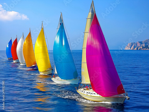 Obraz na płótnie A row of colorful sailboats are sailing in the ocean. The sailboats are of different colors and sizes, and they are all moving in the same direction. The scene is peaceful and serene w salonie