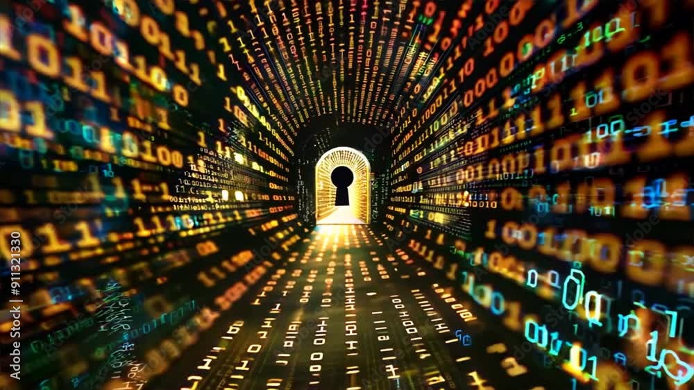 Abstract binary code background with a keyhole, emphasizing cybersecurity and encrypted data