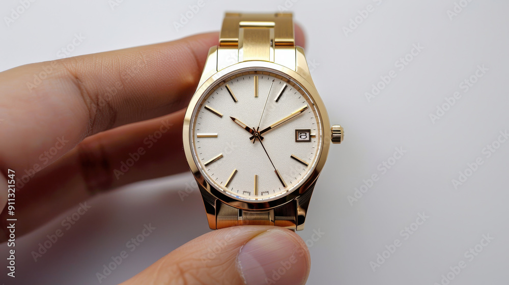 Hand Holding Elegant Gold Wristwatch Hand Holding Elegant Gold Wristwatch