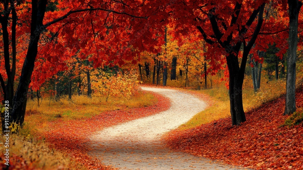 Autumn Forest Path A winding path through a forest with leaves in shades of red, orange, and yellow, with a gentle breeze scattering them Autumn Forest Path A winding path through a forest with leaves in shades of red, orange, and yellow, with a gentle breeze scattering them