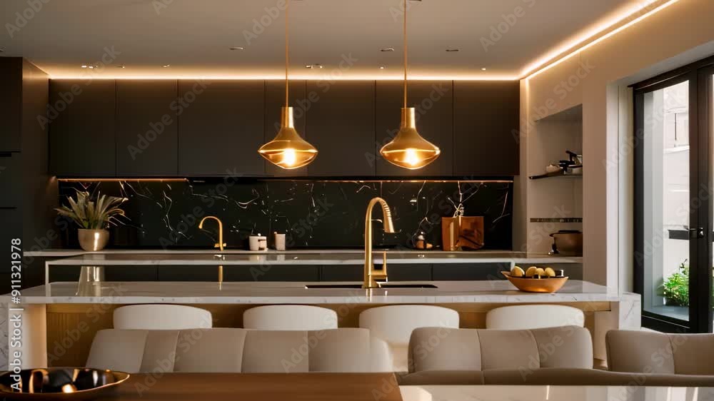 Video footage of modern kitchen interior with a focus on sleek design ...