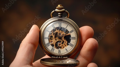 Timeless Elegance - Vintage Pocket Watch Held in Hand on Dark Brown Background