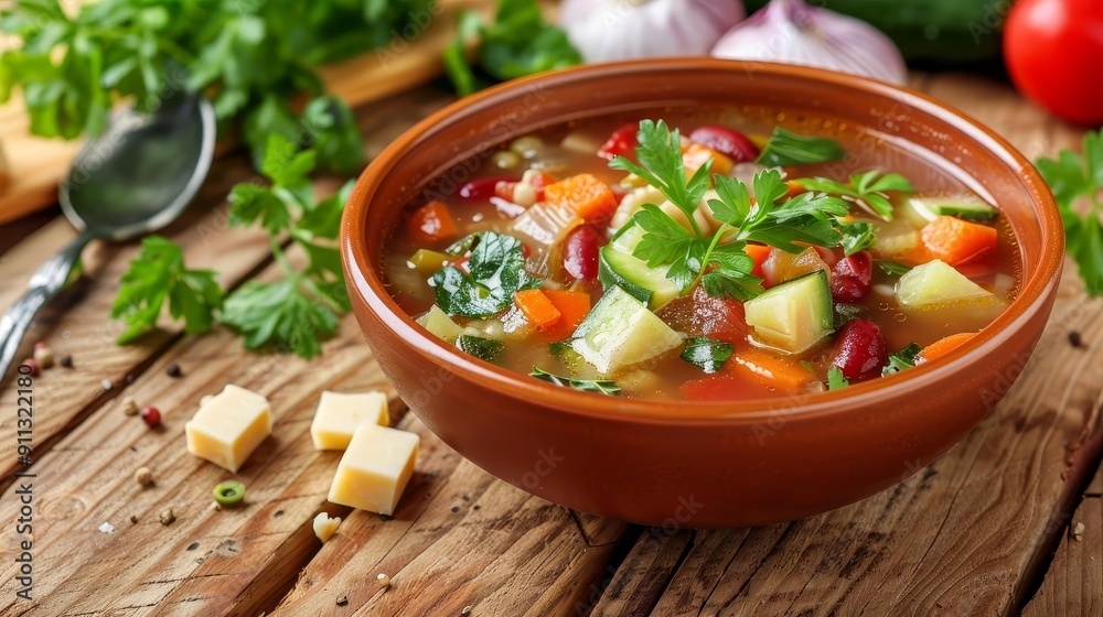Rustic wooden table with a hearty bowl of homemade minestrone soup, rich colors and textures, comfort food delight Rustic wooden table with a hearty bowl of homemade minestrone soup, rich colors and textures, comfort food delight