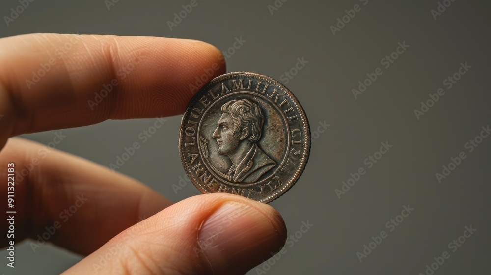 Holding Rare Treasure - Hand holding a precious coin on a grey background Holding Rare Treasure - Hand holding a precious coin on a grey background