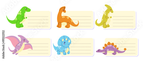 Paper notes on stickers. Stationery set with memo planners with cute dinosaurs. Illustration template