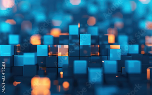 Abstract digital background with glowing blue and orange cubes in a 3D grid, showcasing a futuristic and technological theme.