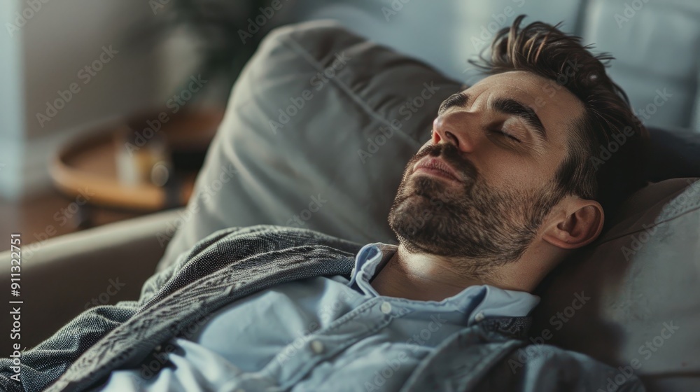 Fototapeta premium A man in his late thirties was lying on the sofa, wearing business casual clothes and relaxing with his eyes closed. Living room background. This scene conveys relaxation after work