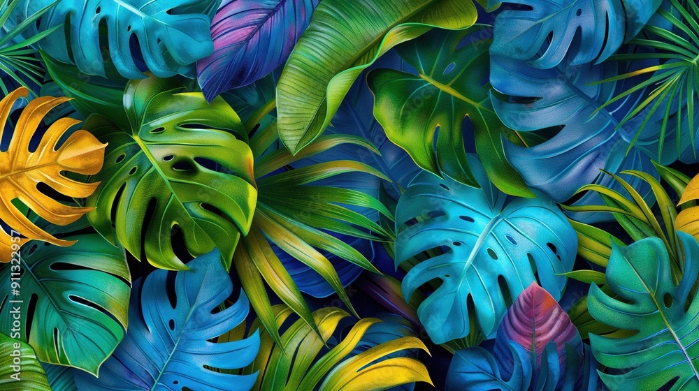 A painting of lush greenery on a blue canvas, with vibrant yellow-green leaves on the left side A painting of lush greenery on a blue canvas, with vibrant yellow-green leaves on the left side