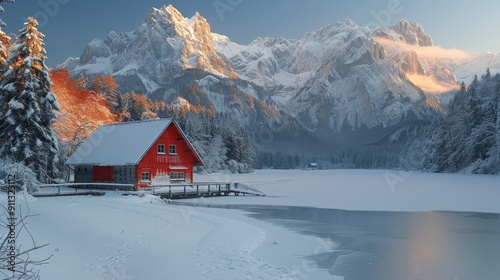 Snow-Covered Cabin by Serene Lake at Dusk