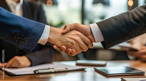 Business colleagues shaking hands over a desk, symbolizing a successful business agreement.