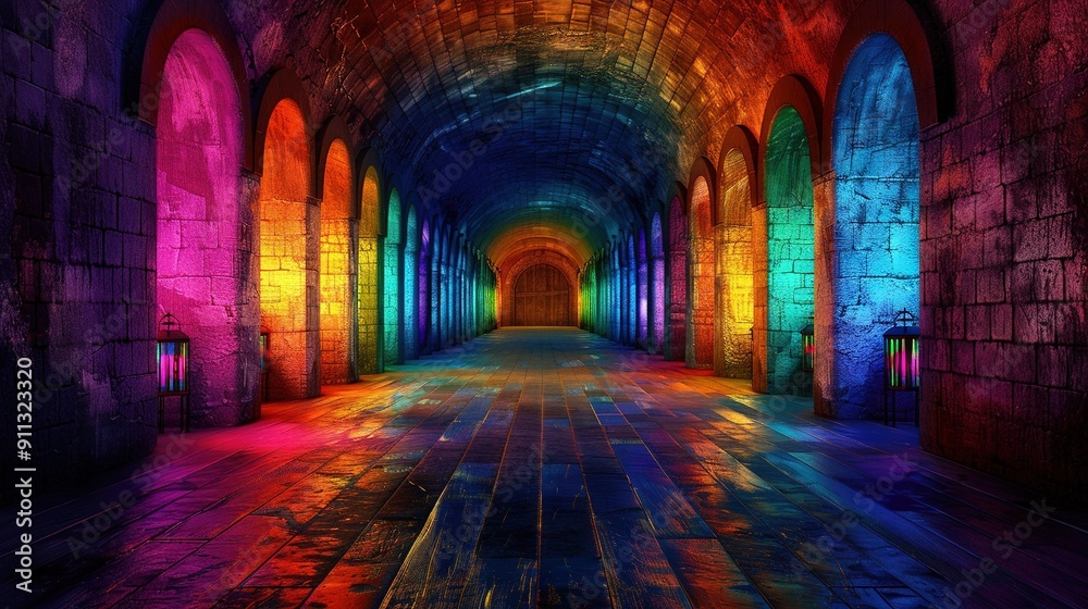Fototapeta premium A tunnel painted with various shades of purple, red, green, and blue