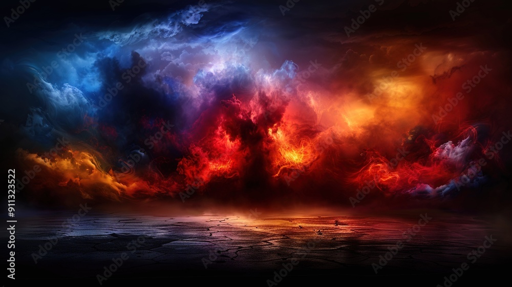 A stunning depiction of red, orange, and blue clouds amidst a dark sky dotted with clouds A stunning depiction of red, orange, and blue clouds amidst a dark sky dotted with clouds