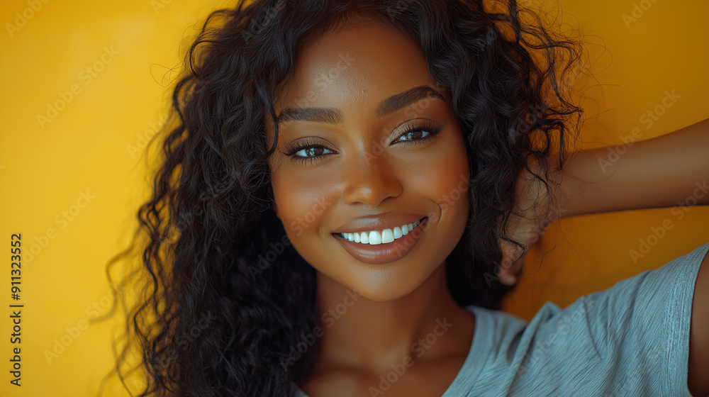 Portrait of Smiling Attractive Woman with Curly Hair Against Yellow Background Portrait of Smiling Attractive Woman with Curly Hair Against Yellow Background
