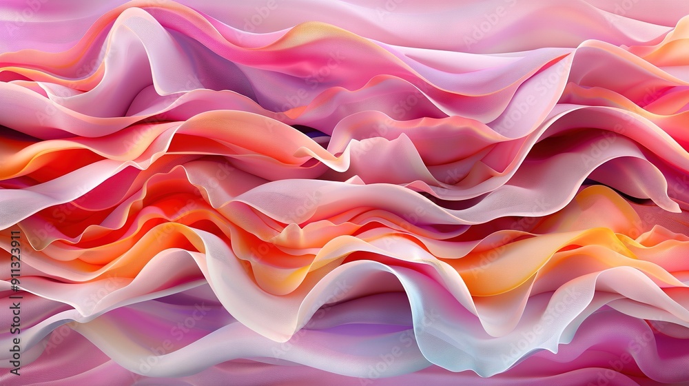   Pink, orange, and white waves on pink-purple background; white bird flies above