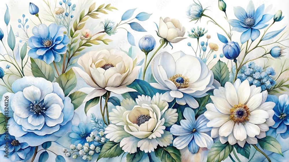 Whimsical Watercolor Blooms: A Celebration of White and Blue  generative AI