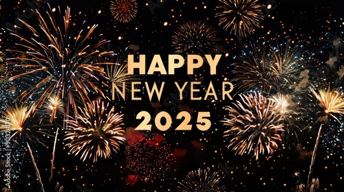 HAPPY NEW YEAR 2025, colorful fireworks, on black color background