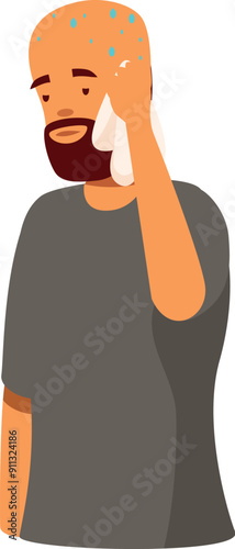 Man is wiping sweat from his forehead with handkerchief