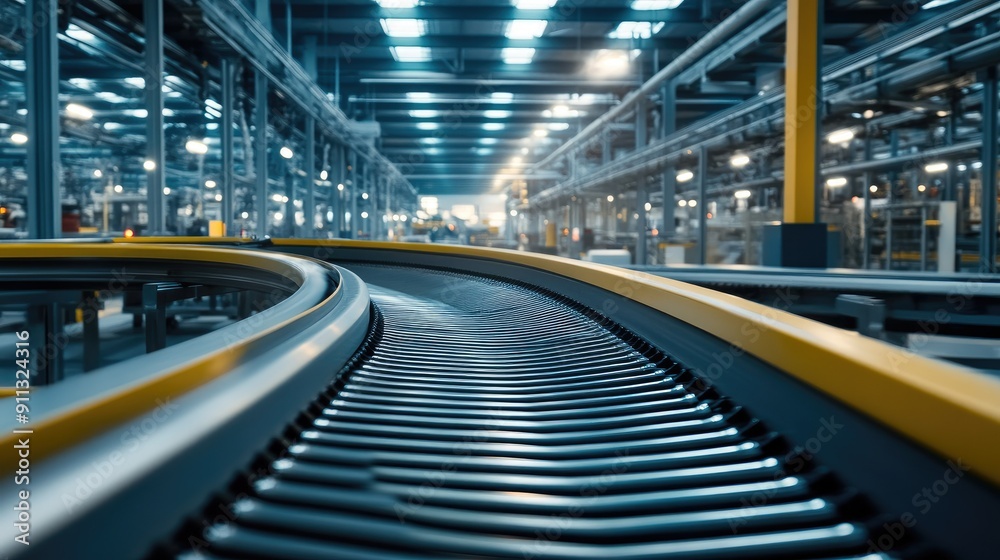 Conveyor belt in a brightly lit factory, showcasing modern industrial technology. Conveyor belt in a brightly lit factory, showcasing modern industrial technology.