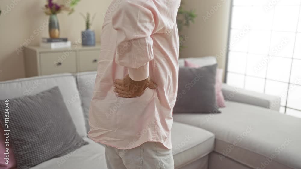 Elderly man experiencing back pain while standing and sitting in a modern living room with a comfortable grey sofa and decorative pillows. Elderly man experiencing back pain while standing and sitting in a modern living room with a comfortable grey sofa and decorative pillows.