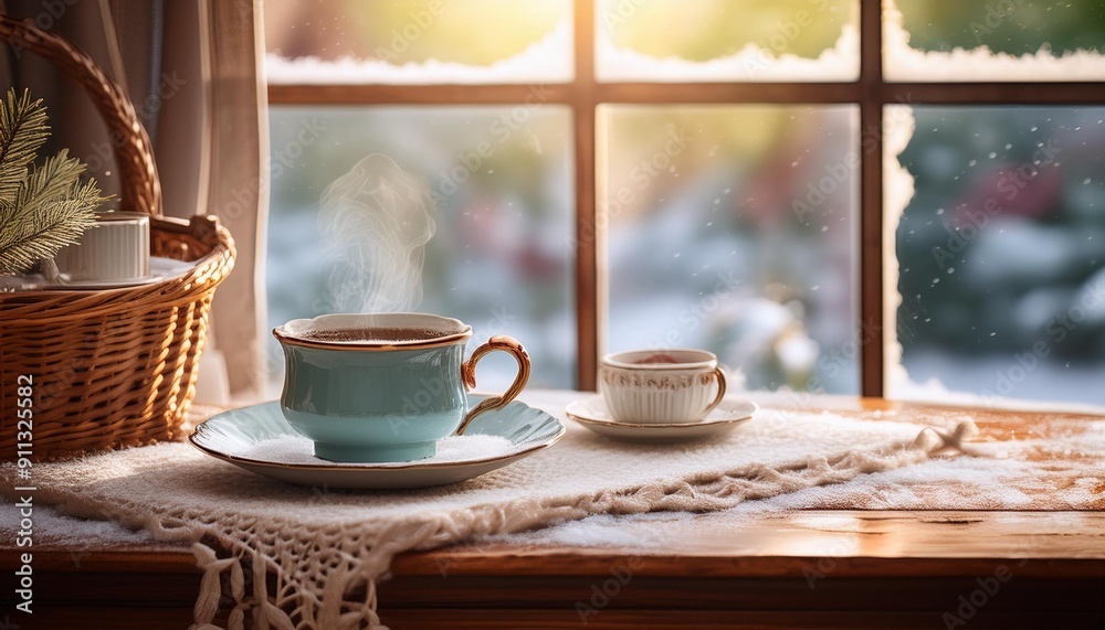 Fototapeta premium Snowy morning at a retro home, hot coffee on an antique table, warm and serene ambiance, vintage furnishings, and soft winter