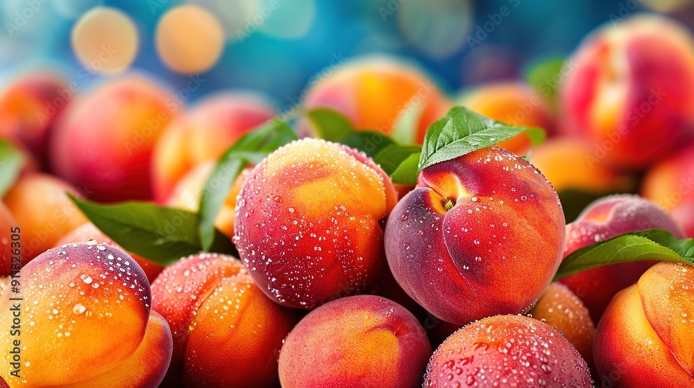 Sunny day, peaches on green leaves with water droplets Sunny day, peaches on green leaves with water droplets