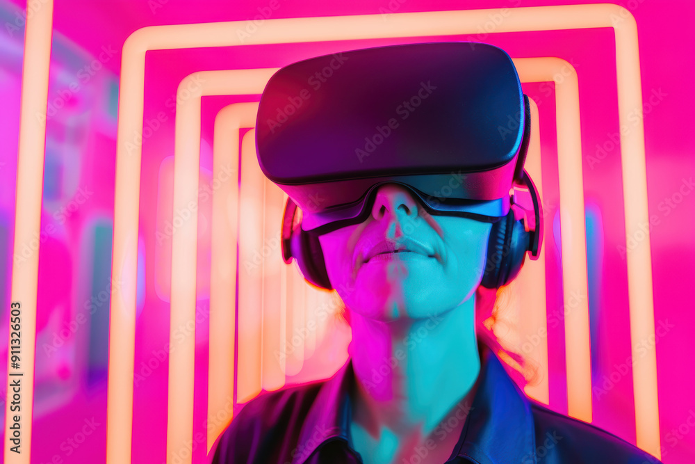 Person wearing VR headset immersed in virtual reality with neon lights. Futuristic technology concept in vibrant, colorful setting. Person wearing VR headset immersed in virtual reality with neon lights. Futuristic technology concept in vibrant, colorful setting.