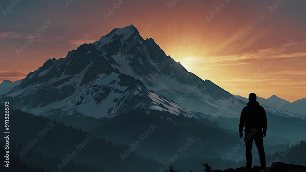 Silhouette of Man Against a Mountain Peak at Sunset Silhouette of Man Against a Mountain Peak at Sunset