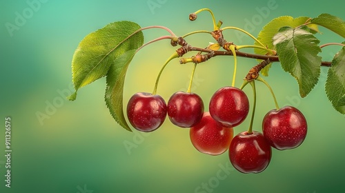  Cherries hanging from a leafy branch against blurred green and blue background